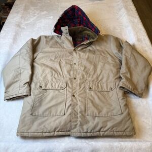 Vintage Cal Craft Mens Tan Plaid Lined Hooded Parka Jacket Made in USA